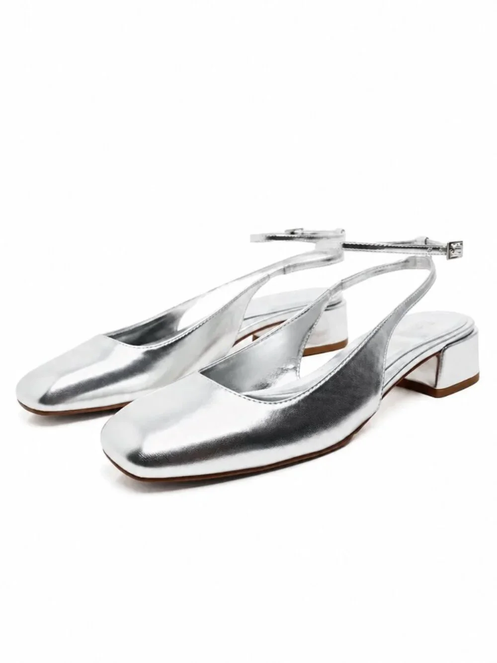 Zara Block Heel Ballerina Square Toe Slingback Heels Silver Size 40/9-9.5 - Picture 2 of 16